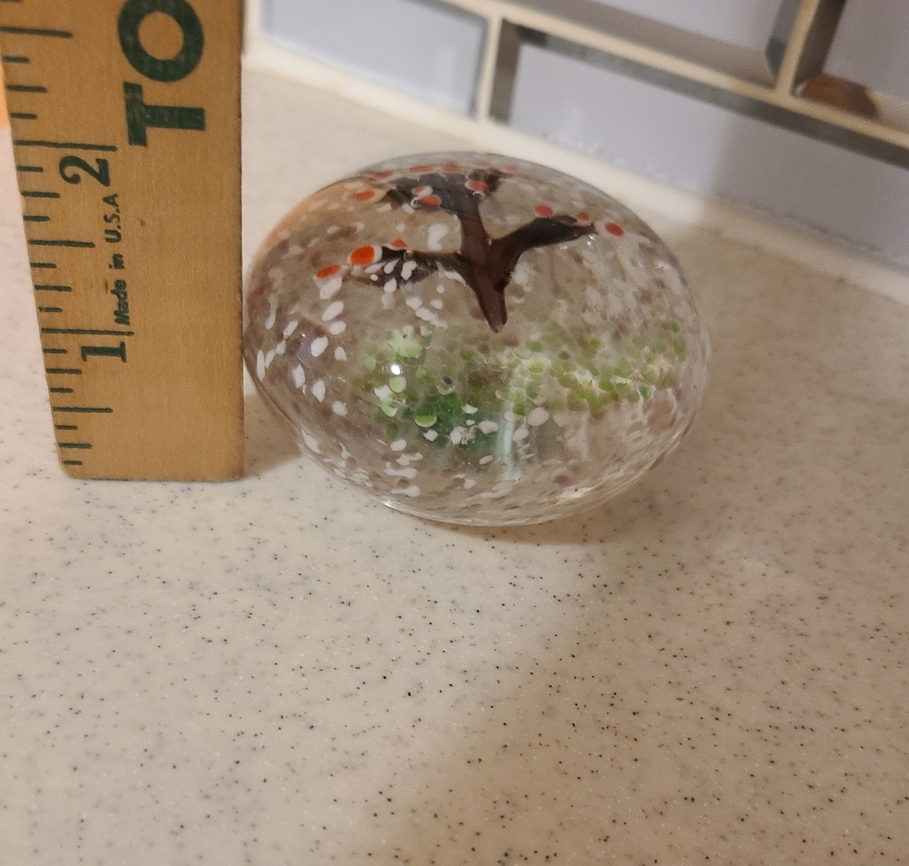 Vintage Glass Art Paperweight with Orange and Green Tree Design - Picture 5 of 6